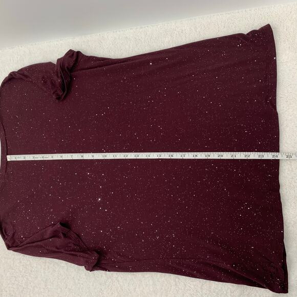 Womens XL Top V-Neck Plum w/Silver Glitter Short Sleeve Stretch Soft Party - Picture 7 of 9
